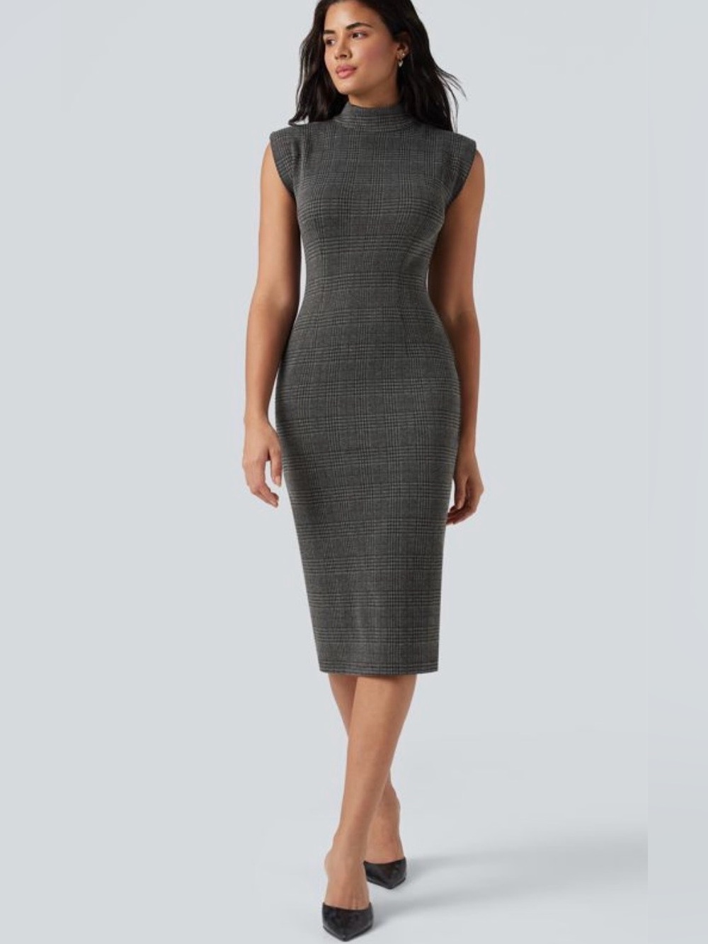 HALARA High Neck Sleeveless Bodycon Houndstooth Plaid Midi Work Dress
